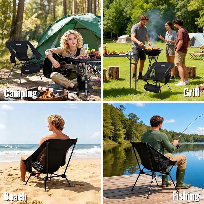 GARLLEN Portable Camping Chair 400LBS Capacity, Folding Backpacking Chair with Both Side Pockets, Folding Travel Chair with Carrying Bag & Anti-Slip Feet for Camping, Hiking, Picnic, Beach