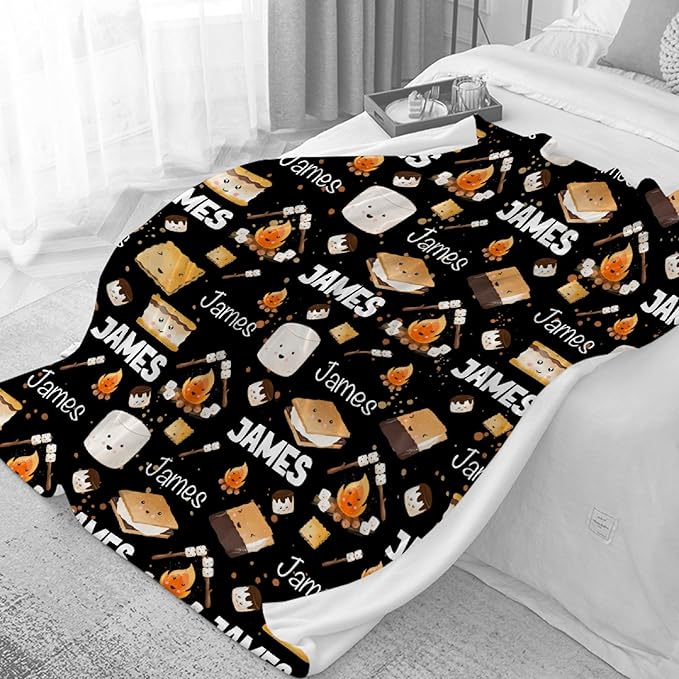 Custom S'Mores Blanket with Name | Personalized Marshmallow Blanket for Girls Boys | Ultra Soft Customized Cookie Throw for Couch/Sofa/Travel/Camping Home Decor - 50"x60"-Teens/Travel Size