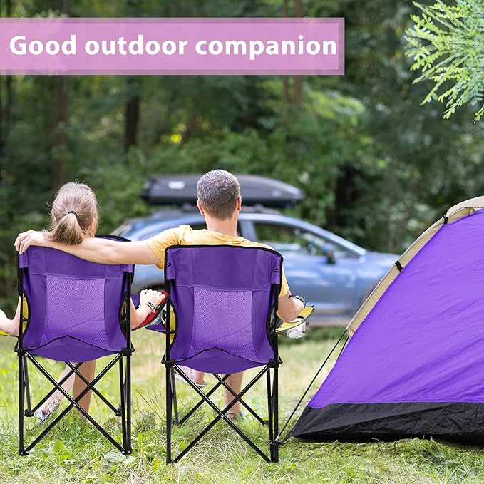 Shellwei 2 PCS Folding Camping Chair with Cupholder and Carry Bag Regular Size Colorful Breathable Portable Lightweight Lawn Chair with Side Pocket for Fishing Hiking Beach Outdoor Activity
