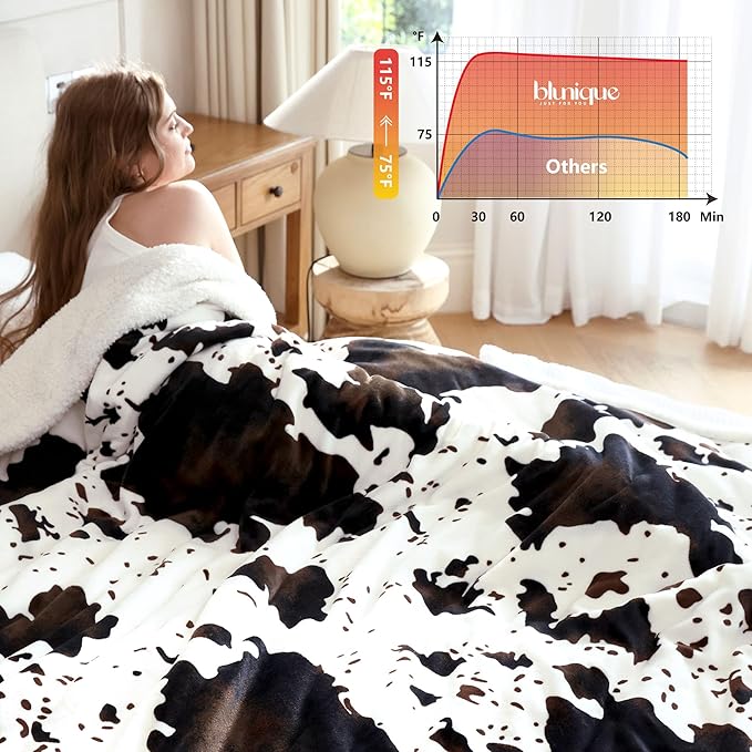 Heated Blanket Queen Blanket - Fast Heating Electric Blanket, Soft Flannel Heated Queen with 4 Time Settings,10 Heating Settings, Warm Gifts for Women & Mom & Grandma(84"x90"Cow Print White)