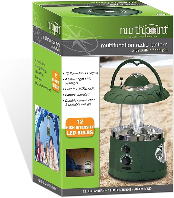 NORTHPOINT 190485 12-LED Lantern with 4-LED Flashlight & AM/FM Radio (Green)