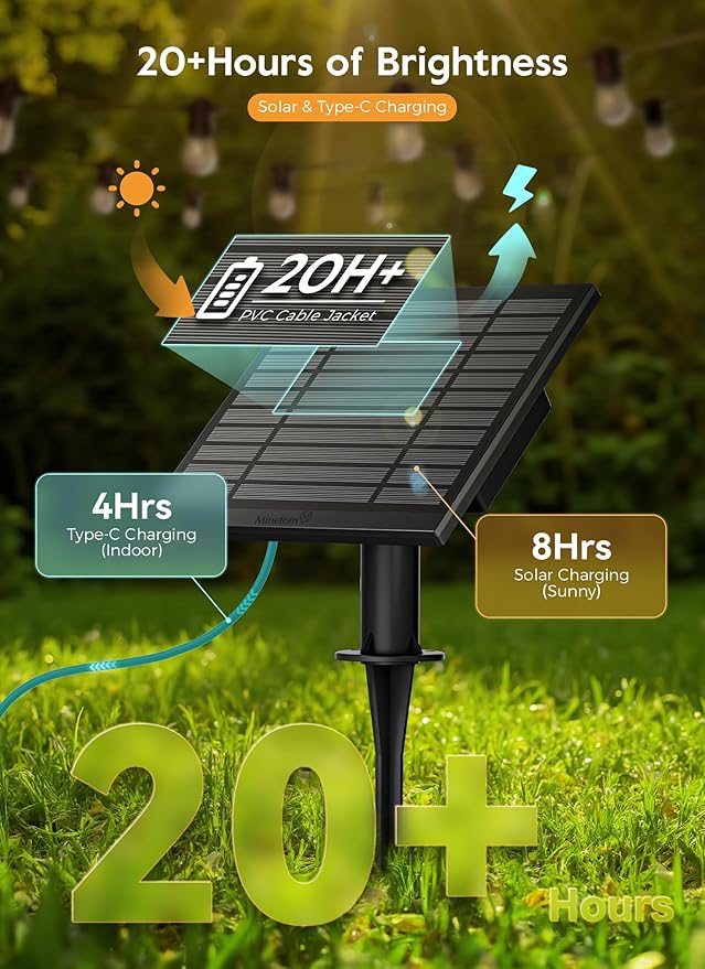 Minetom 79FT Solar String Lights Outdoor Waterproof, 24 LED S14 Shatterproof Bulb, Patio Lights with Remote Type-C Port Timable, 3 Light Modes Dimmable Solar String Lights for Outside, Yard, Camping