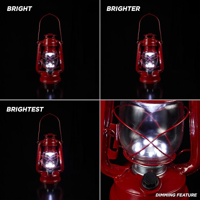 Alpine Corporation 10" H Indoor/Outdoor Metal and Glass Hurricane Lantern with Dimmable LED Lights, Red