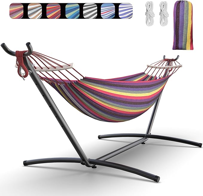 EveryFun Double Hammock with Heavy-Duty Steel Stand,Portable,Easy Assembly,600lbs Weight Capacity,Perfect for Indoor,Yard,Camping,or Outdoor-Rainbow