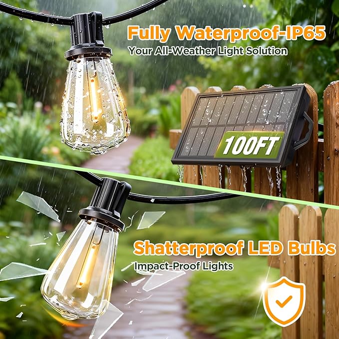 100FT Solar String Lights Outdoor Waterproof with Remote & Timer, LED Shatterproof ST38 Bulbs, USB & Solar Powered Patio Lights for Backyard, Porch, Garden, Wedding Decor, Dusk to Dawn Lighting