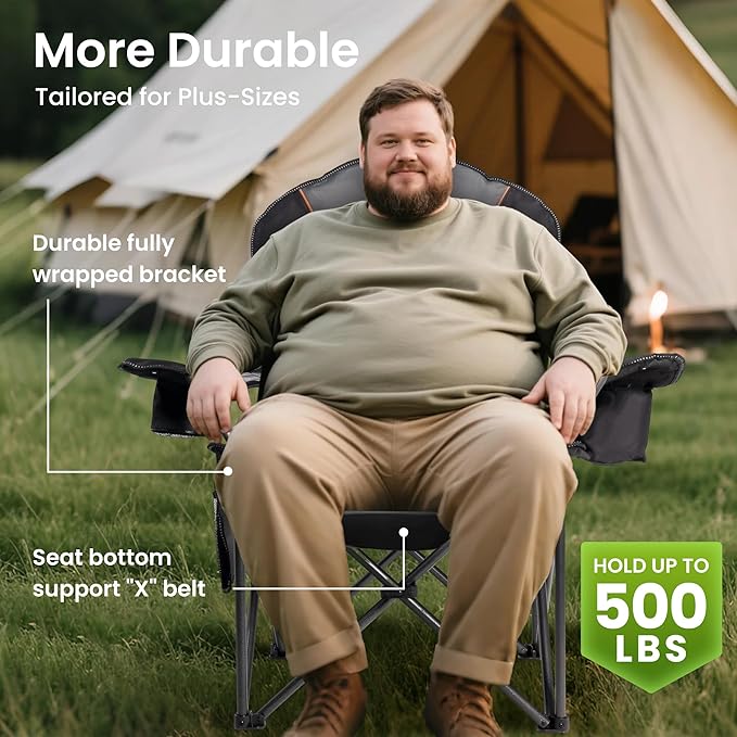 Oversized Camping Chair Heavy Duty- Portable Folding Chair, Cup Holder & Waterproof Phone Case for Adults, Beach, Hiking, Backyard, Black & Gray,2PCS XL