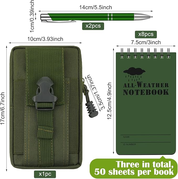 Eaasty Waterproof Notebook and Pen Set 3 x 5 Inch Pocket Tactical Notebook with 1 Metal Weatherproof Pen and 1 Fabric Cover for Outdoor Activities Recording(Army Green,11 Pcs)