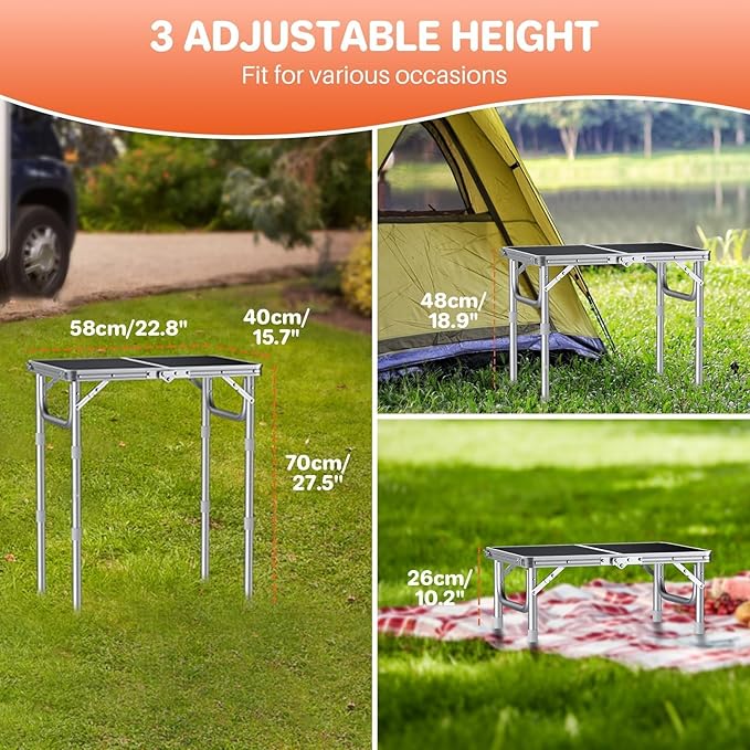 FUNYKICH 2ft Small Folding Table, 3 Height Adjustable Portable Camping Table, Lightweight Aluminum Outdoor Tables with Carry Handle for Car Camping, Backpacking, Picnic, L22.8''xW15.7'', Silver