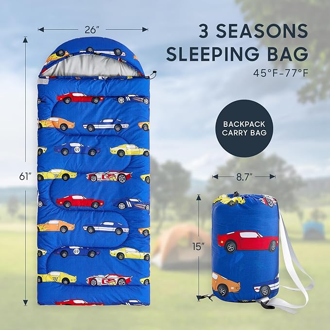 Wake In Cloud - Kids Sleeping Bag for Boys Toddlers, Camping in Warm Cold Weather, Backpacking Lightweight Compact Outdoor Liner for 3 Seasons, Race Cars Vehicles