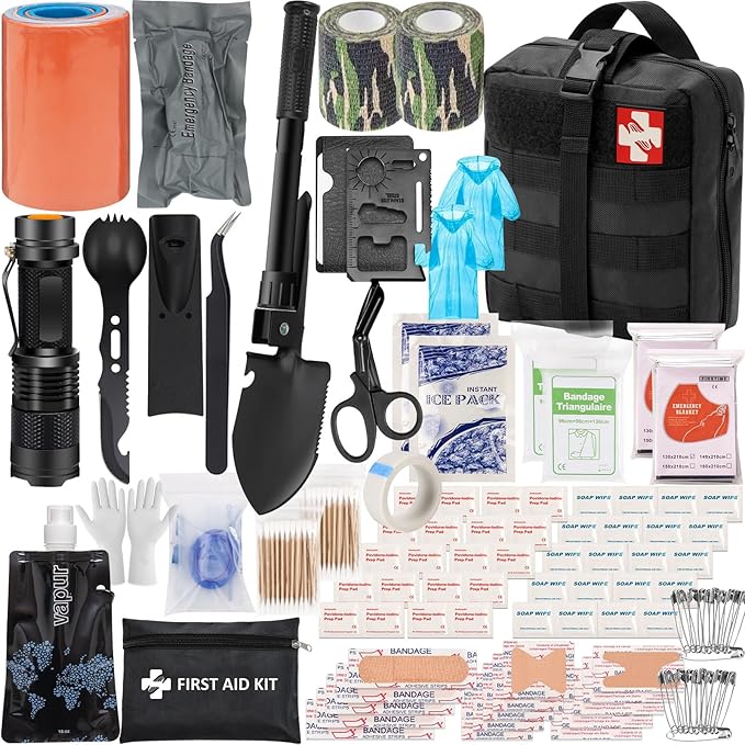 145 Pieces Emergency Survival Camping Kit, Molle First Aid Kit with Splint for Trauma Wound Care Blow Out for Outdoor Tornado Preparedness Kit, Black
