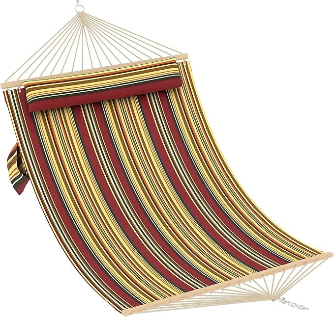 Hammocks 12 FT Double Quilted Fabric Hammock with Spreader Bar and Detachable Pillow, 2 Person Hammock for Outdoor Patio Backyard Poolside, 450lbs Weight Capacity