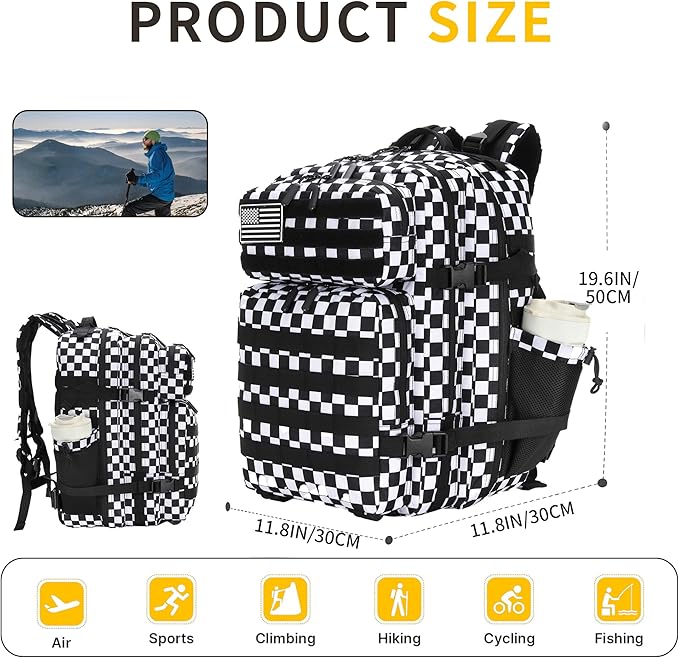 Lovelinks21 45L Tactical Assault Backpack 3 day assault pack with Molle Waterproof backpack Rucksack for Tactical Backpacks (Black and white check)