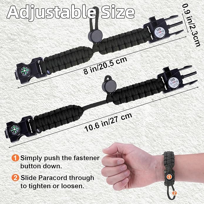 Survival Bracelets, Paracord Bracelets (2 pcs) with Loud Whistle Light Flint, Adjustable Compass Bracelet for Outdoor Camping Hiking Fishing Hunting, Multitools Tactical Gear, Bearable 300 lb