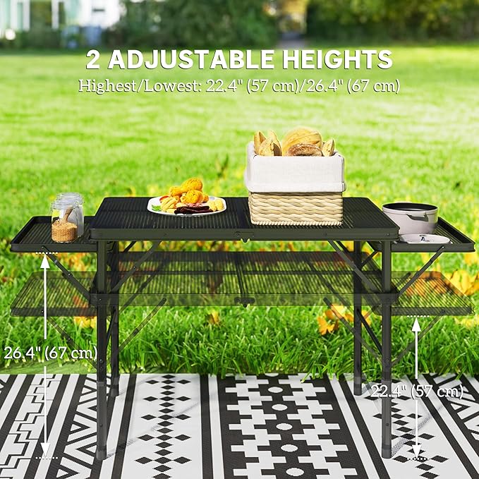 Outsunny Folding Grill Table, 4.5 ft Portable Camping Table with 2 Wing Panels, Height Adjustable Metal Outdoor Table with Mesh Desktop for Picnic, Beach, BBQ, Party, Black