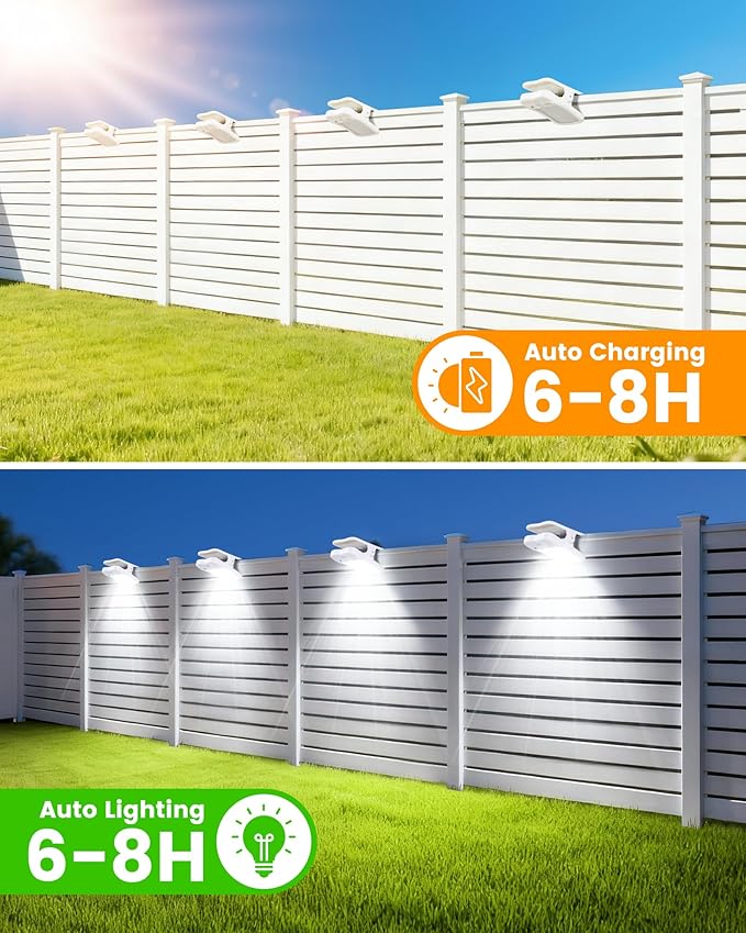 Clip on Solar Lights for Fence, 3 Modes Solar Motion Lights Outdoor Waterproof, 60LEDs 500LM Portable Security Light for Fence, Deck, Garage, Camping, USB Charging, 4 White