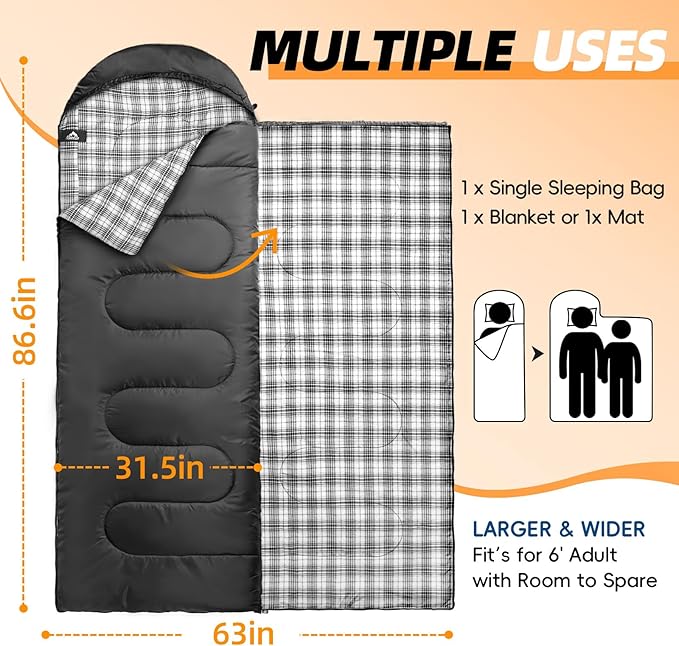 MEREZA Flannel Sleeping Bag for Adults XL, Large Wide Sleeping Bags for Camping Mens Warm Cotton Sleeping Bag 4 Season Warm & Cool Weather