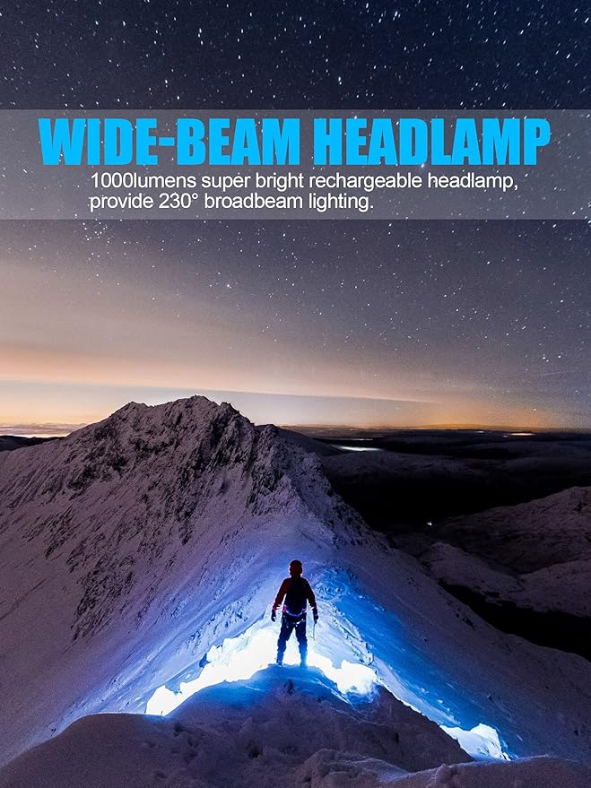 LED Headlamp Flashlight, 1000L 230° Broadbeam Headlight, USB C Rechargeable Head Lamp with Red Taillight, Lightweight Waterproof Headlamps for Camping Running Hiking, Hard Hat Headlamp 2Pack