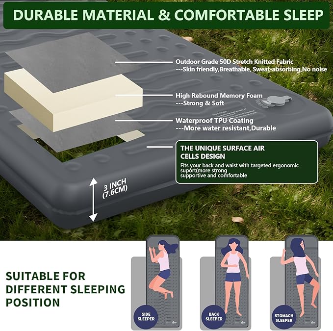 HiiPeak Memory Sleeping Pad, Compact 3" Thick Foam Sleeping Mats with Pillow, 9.5 R-Value Insulated Camping Mattress Pad, Easy Inflate & Deflate, Inflatable Sleep Mat for Backpacking Hiking Car Tent