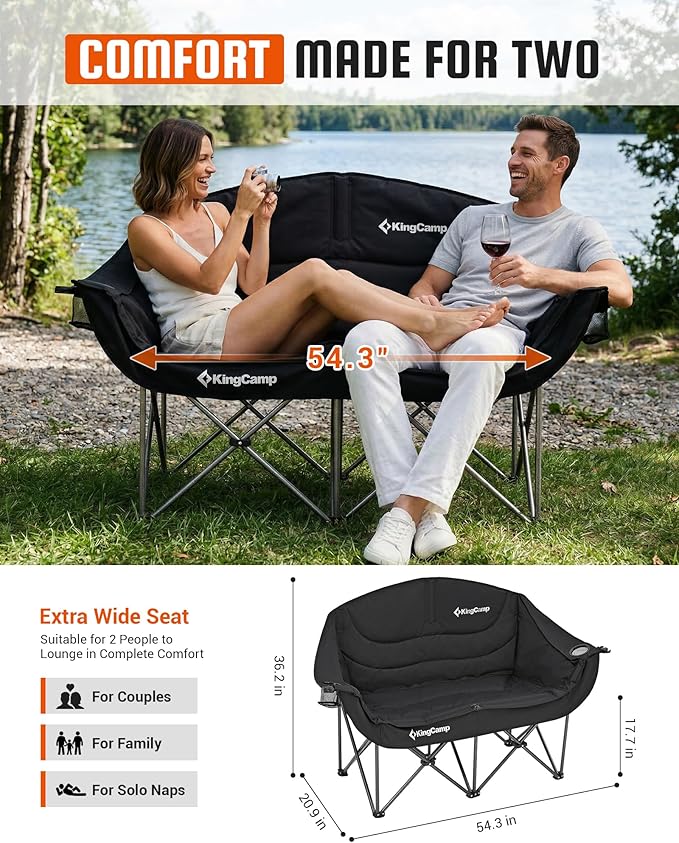KingCamp Double Camping Chair, Oversized Heavy Duty 660lbs Loveseat for Adults Portable Folding XL 2 Person Couch Padded Comfortable Two Seat with Cup Holder for Outdoor Lawn Backyard, Black