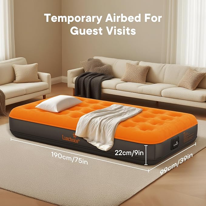 Luxchoice Air Mattress Twin with Built-in Rechargeable Pump 9'' Camping Inflatable Mattress Portable Blow up Mattress Air Bed Guest Bed for Home Outdoors Hiking Travel