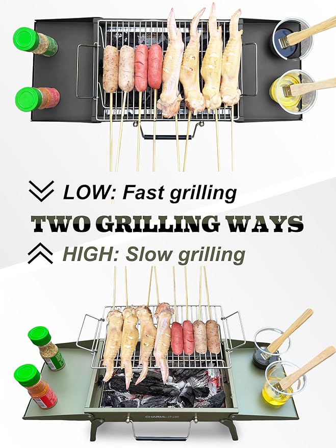 Charmline 15 x 11 inches Portable Charcoal BBQ Grill, Foldable Compact Camping Barbecue for 2–4 People, Ideal for Garden, Beach, Picnic & Tabletop Use, Green