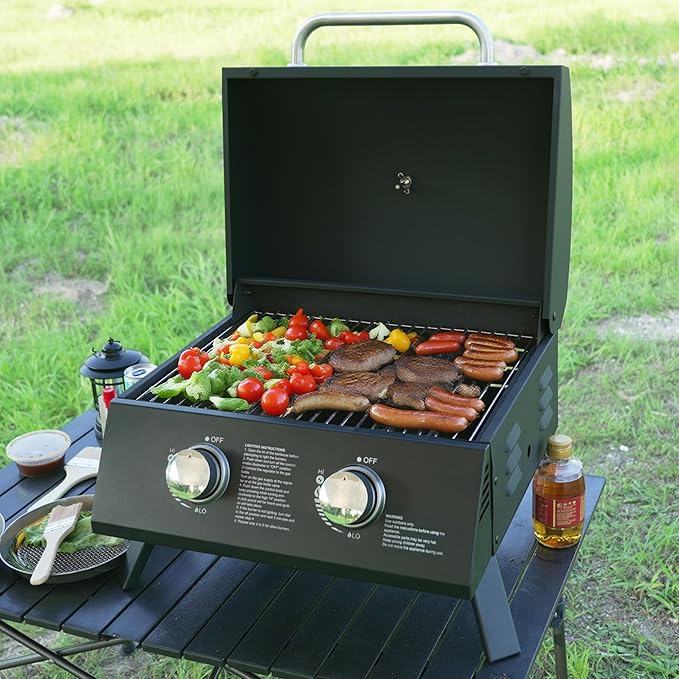 Portable Grill Propane. Portable Gas Grill With Dual Burners,Table Top Grill Propane Twist-Start Ignition, Perfect For Camping, Tailgating, And Grilling, With Easy Installation.