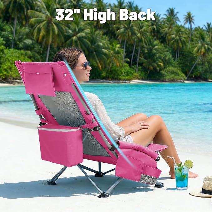 Youtanic High Back Beach Camping Chair 2 Pack, Extra Wide Folding Outdoor Chair with Cooler Bag, Breathable Mesh & Dual-Use Pillow, Portable Lounge Seat for Adults, Sand, Sports, Picnic, Pink