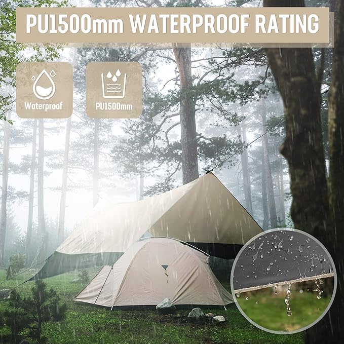 VILLEY Camping Tarps for Tents, Portable Waterproof Hammock Rain Fly, Easy Set Up Camping Shelter Sunshade Canopy for Outdoor Fishing, Backpacking, Hiking, Survival Gear- Heptagonal, Khaki