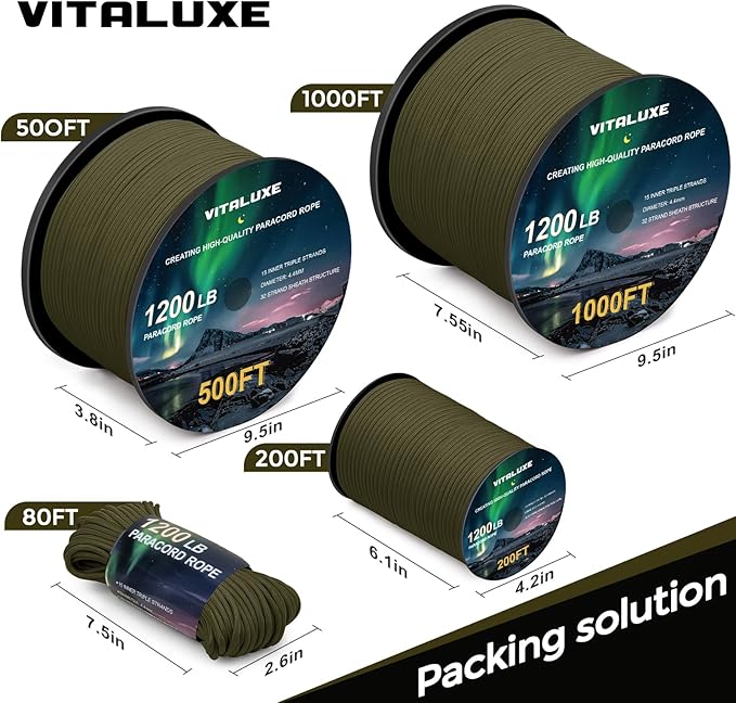 1200lb Paracord Rope, 4.4mm 15 Triple Strands Paracord, Heavy Duty Tactical Parachute Cord for Survival Gear, Camping, Hiking, and Ideal for Bracelets, Lanyards, Type III