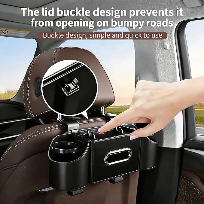 4-in-1 Back Seat Car Organizer – Premium Nappa Leather Storage Caddy with Cup Holder, Tissue Dispenser & Phone Pocket for Kids & Travel | Universal Fit for SUVs, Vans & Cars (Black)