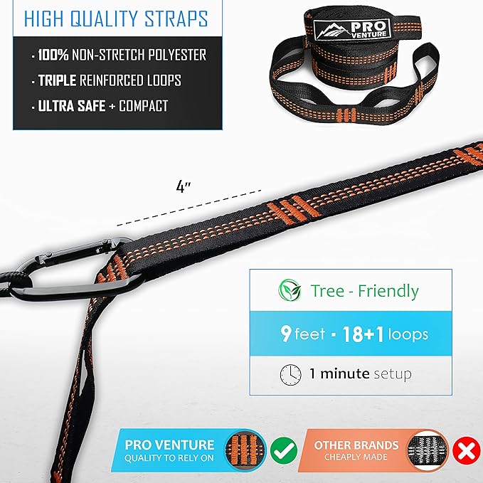 Pro Venture Camping Hammock 500 lb Capacity – Portable Double Hammock with Tree-Friendly Straps and Carabiners, Lightweight for Backpacking, Hiking, Travel, Beach, Backyard