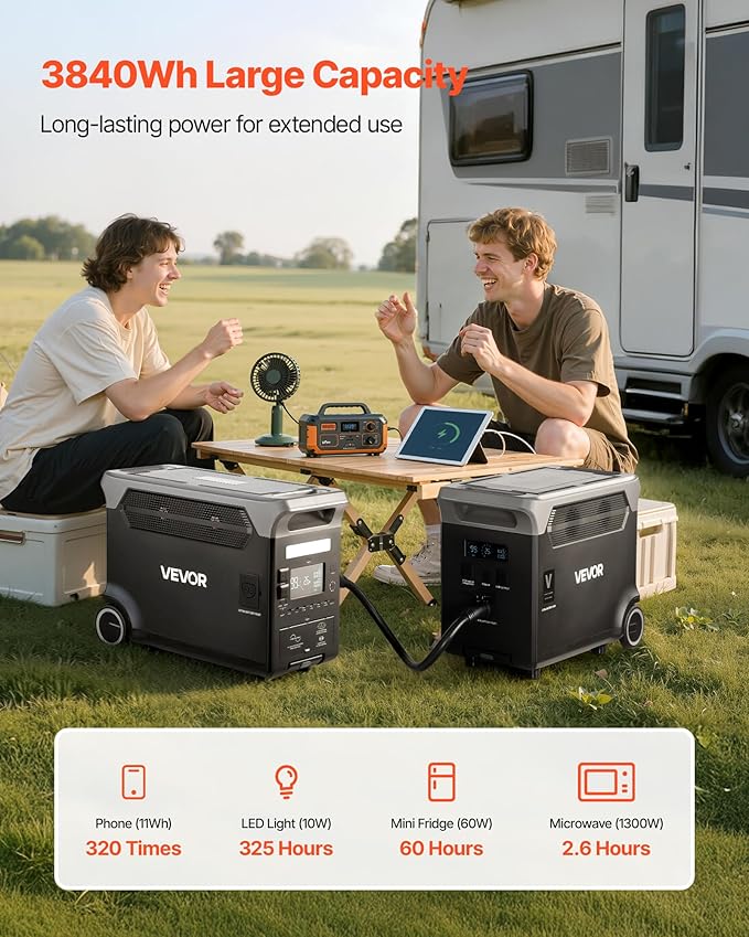 VEVOR Extra Battery for Portable Power Station, 3840Wh LiFePO4 Extra Expansion Battery with 3 Output Ports for Home Use, Outdoor Camping, Road Trips, RVs, Emergencies