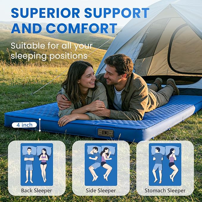 Self Inflating Double Sleeping Pad for Camping with Electric Pump 4 Inch Ultra Thick Memory Foam 2 Person Inflatable Sleeping Pad All Season Full Size Portable Camping Mattress for Travel, Tent (Blue)