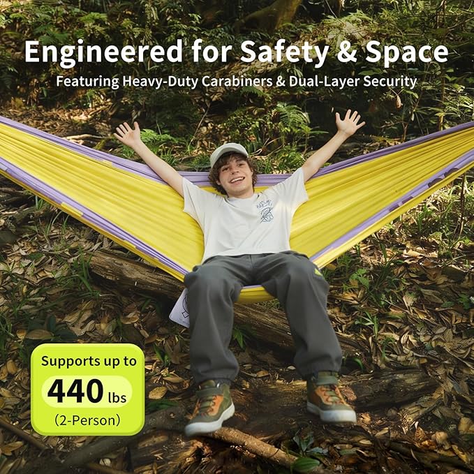 Morning Deer Double Camping Hammock for 2 Person with Tree Straps, 450lbs Capacity Lightweight Portable Hammock, Extra Large 290x180cm Outdoor Camping Hammock for Backyard, Hiking, Travel, Backpacking