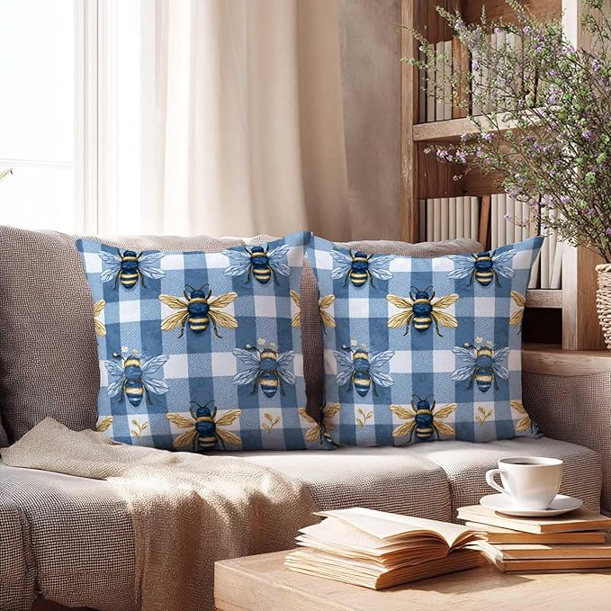 Farmhouse Bee Throw Pillow Covers 18x18 Set of 2 | Blue Gingham Rustic Cushion Covers | Vintage Honey Bee Decorative Pillow Cases for Couch, Sofa, Living Room and Bedroom