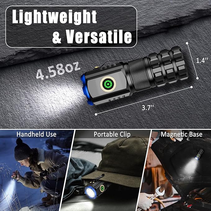 2-Pack Portable LED Mini Flashlight, Rechargeable EDC Small Pocket Flashlight 6 Lighting Modes w/Magnet Clip Waterproof for Camping Hiking Night Walking Running Outdoor Emergency