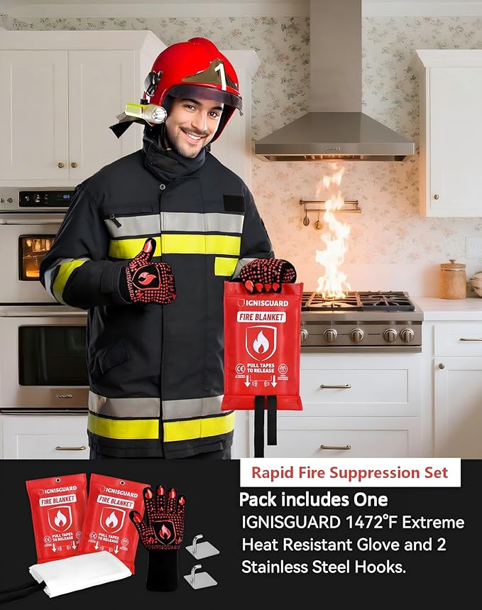 2-Pack Fire Blanket for Home and Kitchen, Includes 1 Fire Resistant Glove and 2 Hooks, Fire Blankets Emergency for Home Safety, Emergency Fire Blankets Suppressant Kit