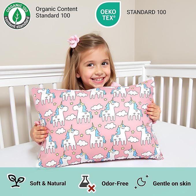 ZPECC Toddler Pillow with Pillowcase 2 Pack - 13x18 Organic Cotton Hypoallergenic Kids Pillow, Baby Essentials for Travel Crib Daycare Stroller (Intended for Age 2 and up) Pink Unicorn