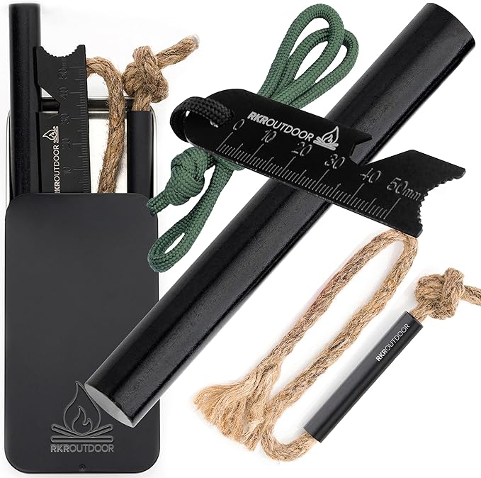Ferro Rod Flint Fire Starter Kit + Tinder Wick Bellow with Sliding Box - 4" Length 1/2” Thick Ferro Rod with Multi-Tool Striker and Paracord Lanyard + Hemp Wick with Bellow + Sliding Box