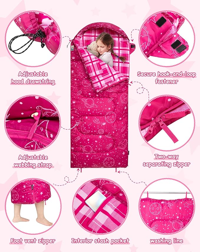 KingCamp 45°F Kids Sleeping Bag, Lightweight Waterproof & Compact Flannel Sleeping Bags Cold Weather & Warm Youth Essentials Gear Accessories for Camping, Fits 10-12 Children up to 4'7"-5'5" Tall