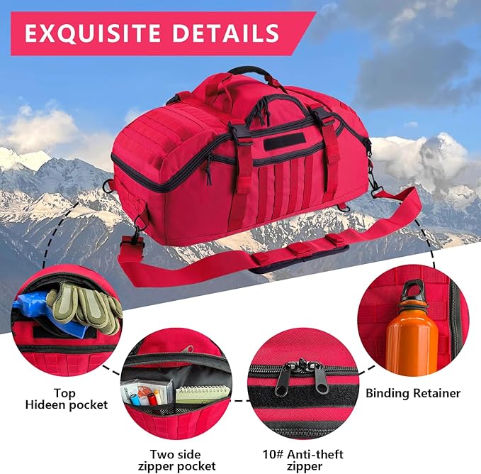 Hannibal Tactical 65L Large Duffle Bag, 3-in-1 Tactical Backpack MOLLE Pack for Sports, Gym, Outdoor, Red