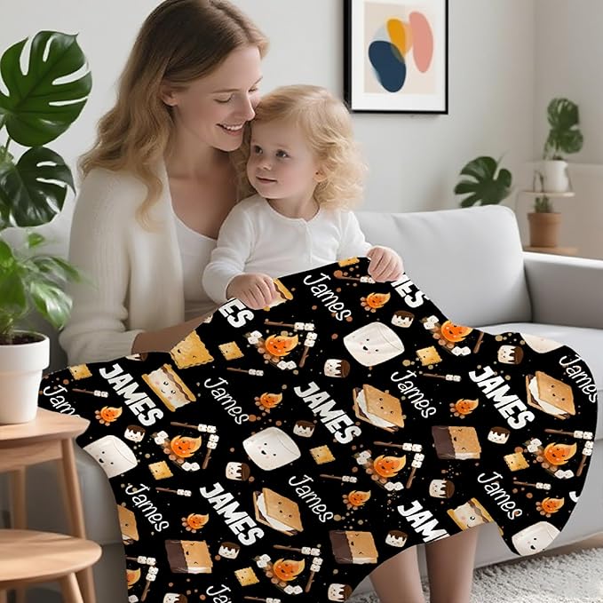 Custom S'Mores Blanket with Name | Personalized Marshmallow Blanket for Girls Boys | Ultra Soft Customized Cookie Throw for Couch/Sofa/Travel/Camping Home Decor - 40"x50"-Kids/Throw Size