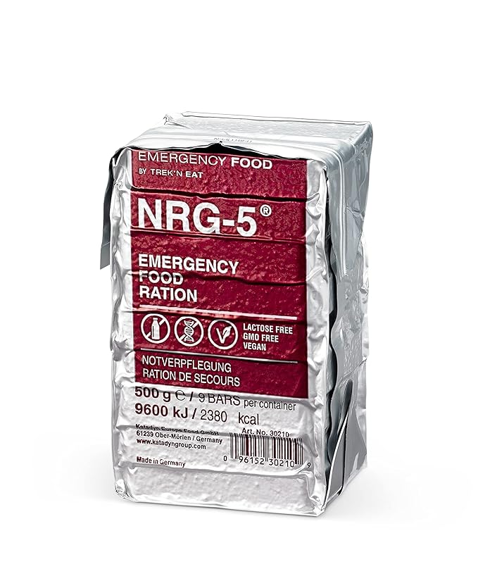 Katadyn NRG-5 Emergency Food Ration 500g Pack of 1 (9 Bars) Ready to Eat 2380 kcal, Vegan, Lactose-Free, GMO-Free | Long-Term Survival, Emergency Preparedness and Outdoor Adventure Food Bar