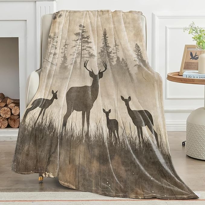 Vintage Deer Blanket Nature Wildlife Art with Rustic Forest Silhouette Throw Blankets Lightweight Flannel Throws for Camping Couch Chair Bed Home Decor Gifts for Animal Lover,50x40inch