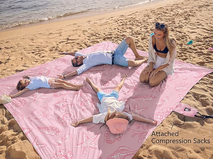 WEKAPO Beach Blanket Waterproof Sandproof Oversized, Extra Large Beach Mat Sand Free, Lightweight & Compact Sand Free Mat with 5 Stakes & 4 Corner Pockets