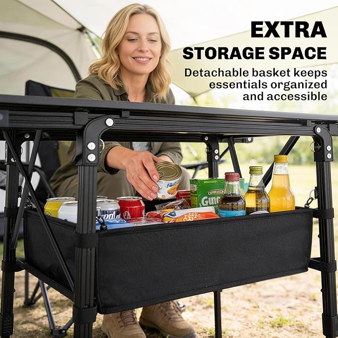 Outsunny 3ft Portable Camping Table with Storage Bag, Adjustable Height Aluminum Small Folding Table, Lightweight Picnic Table with Carry Bag for Outdoor Picnic BBQ Backyards Beach, Black