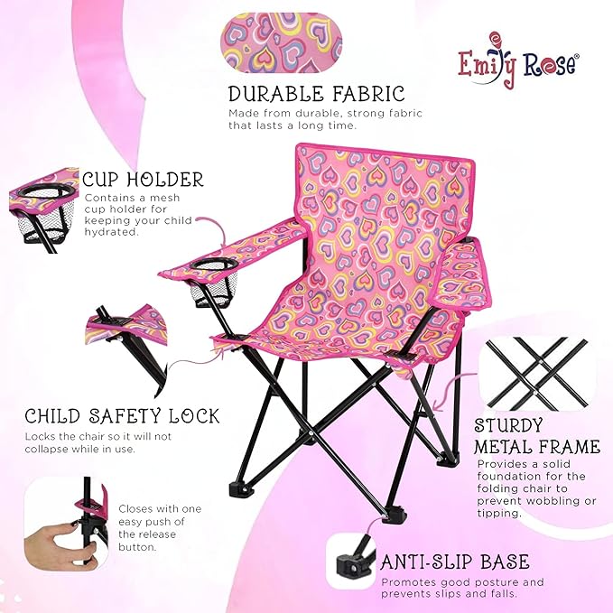 Emily Rose Kids Folding Beach Camp Chair with Cup Holder, Safety Lock & Matching Carry Case (Playful Hearts) – Toddler Travel Chair for Girls Ages 2–7 – Indoor Outdoor Lightweight USA Brand