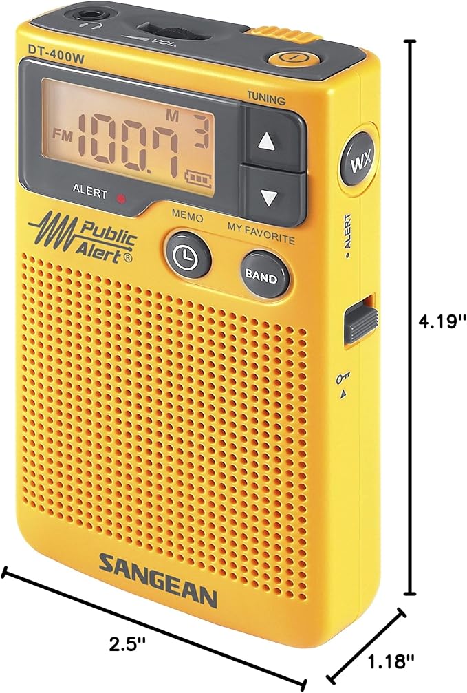 Sangean DT-400W Weather Alert Pocket Radio, AM/FM, Yellow