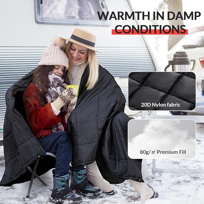 Camping Blanket with Zipper Pocket, 85'' x 61'' Large Wearable Hooded Blanket, Ultralight Warm Sleeping Bag, Windproof Camping Poncho for Outdoor Stadium Sports Gaming Hiking Picnic Concerts