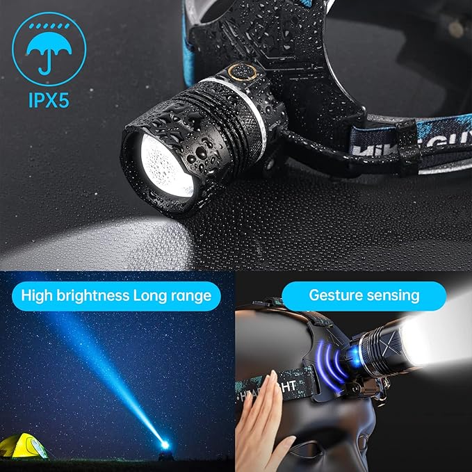 LED Rechargeable Headlamp, Headlight 1500 Lumens Super Bright with 6 Modes & IPX5 Warning Light, Motion Sensor Adjustable Headband Head Lamp, 60° Adjustable for Adult Outdoor Camping Running Cycling